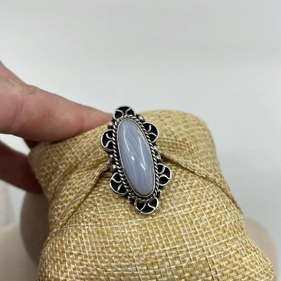 💍 Vintage CII Mexico Sterling Silver Blue Lace Agate Ring - Size 7, 10.5g - Picture 11 of 15